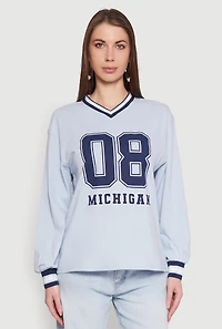 Womens Almost Famous Varsity Graphic Long Sleeve Top, Blue, Size S
