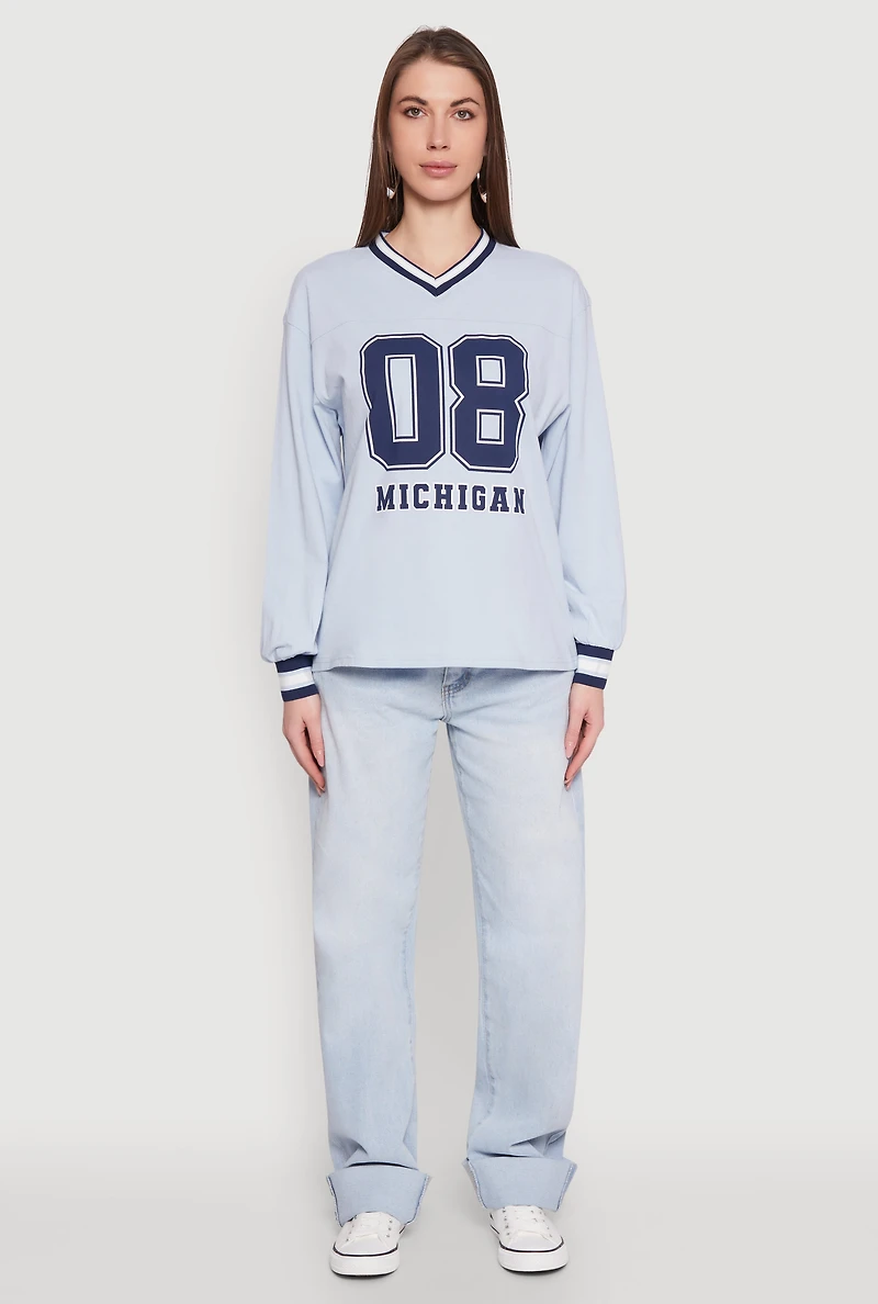 Womens Almost Famous Varsity Graphic Long Sleeve Top, Blue, Size S