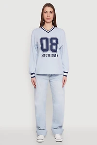 Womens Almost Famous Varsity Graphic Long Sleeve Top, Blue, Size S