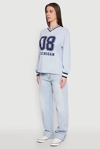 Womens Almost Famous Varsity Graphic Long Sleeve Top, Blue, Size S