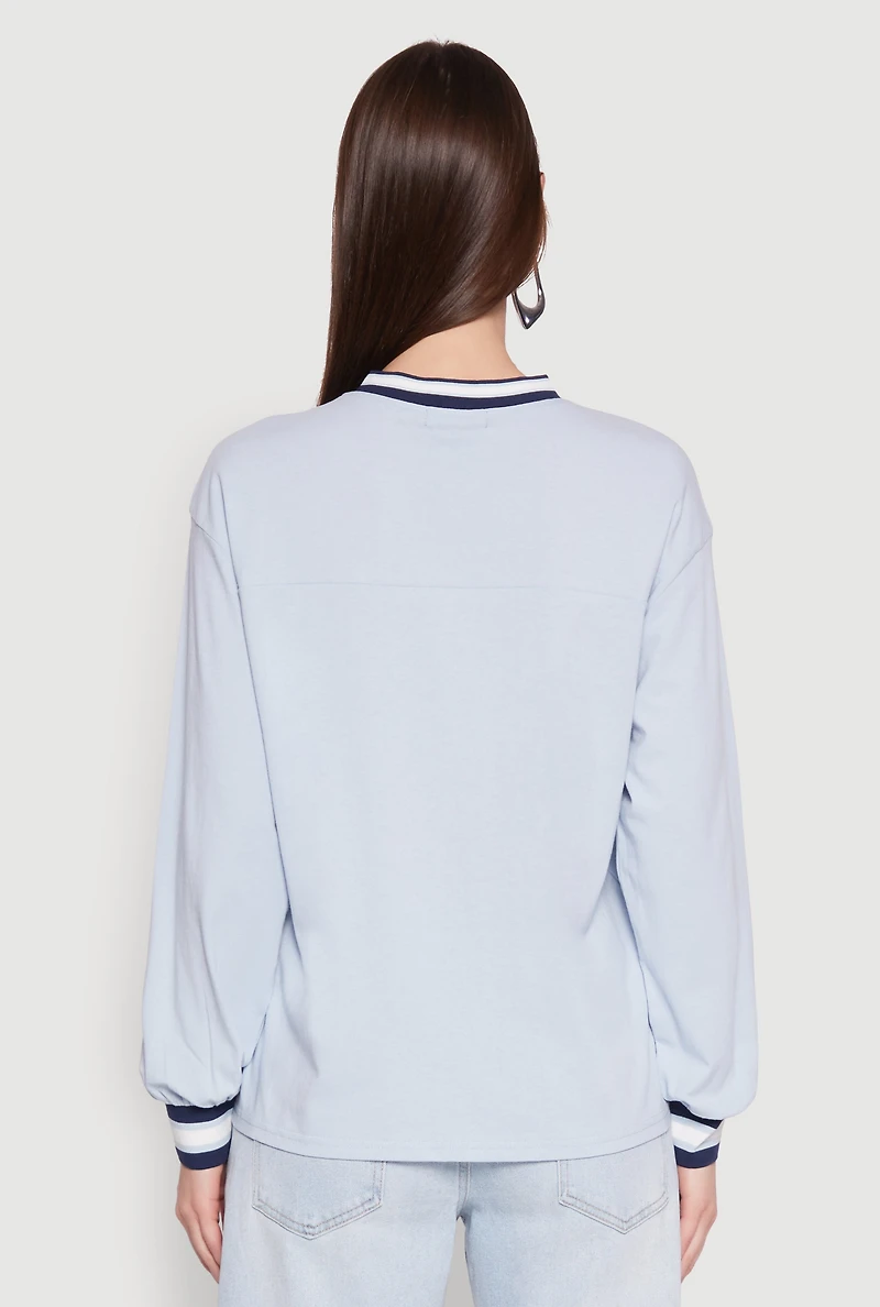 Womens Almost Famous Varsity Graphic Long Sleeve Top, Blue, Size S