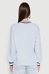 Womens Almost Famous Varsity Graphic Long Sleeve Top, Blue, Size S