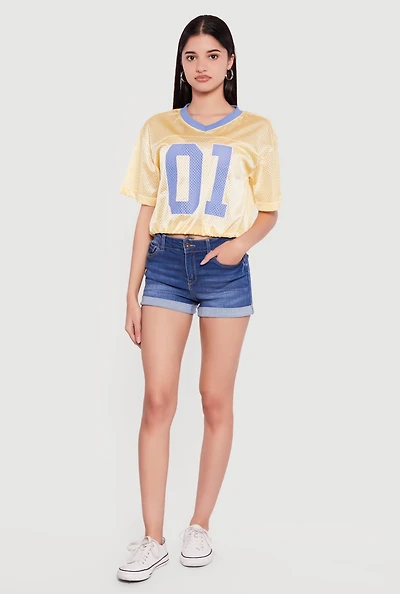 Almost Famous Cropped Bubble Hem Graphic Football Jersey