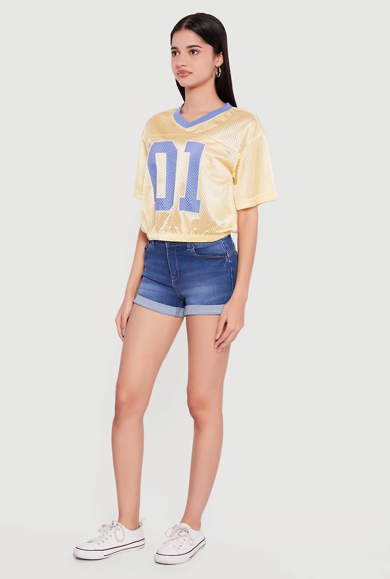 Almost Famous Cropped Bubble Hem Graphic Football Jersey