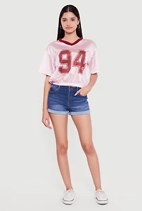 Almost Famous Cropped Bubble Hem Graphic Football Jersey