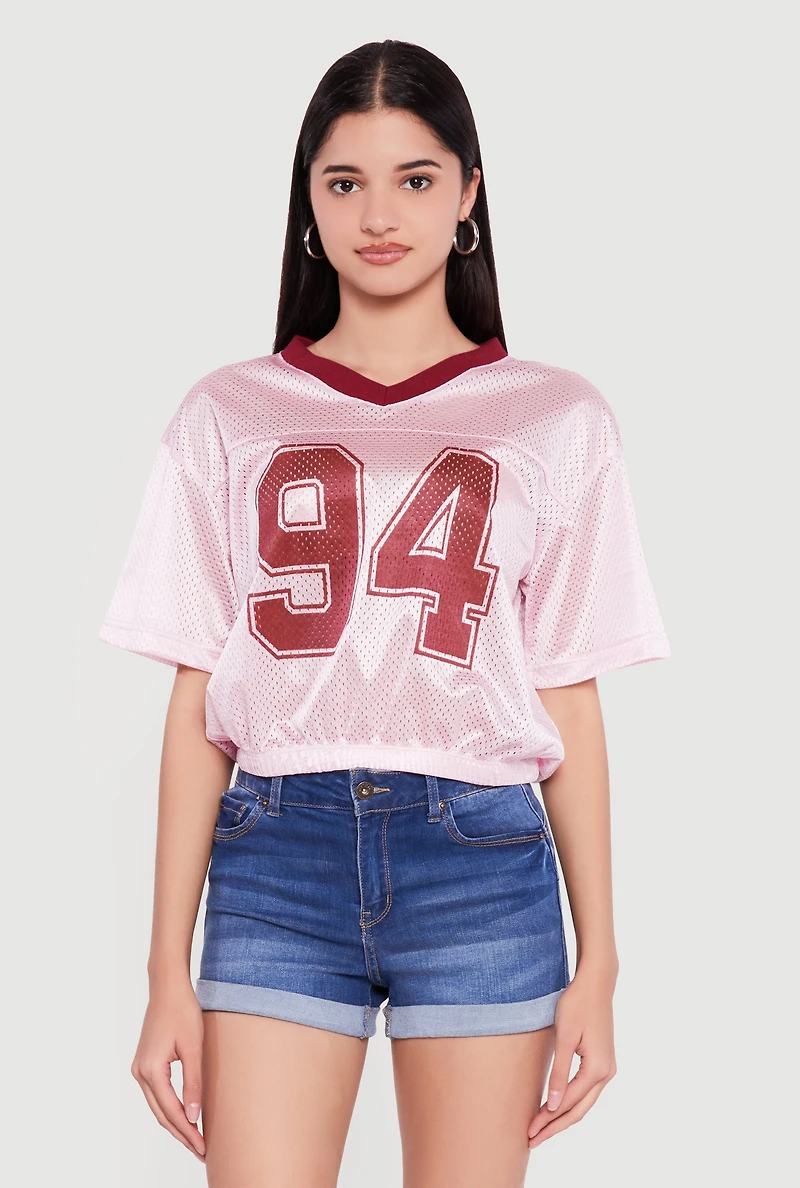 Almost Famous Cropped Bubble Hem Graphic Football Jersey