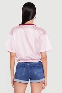 Almost Famous Cropped Bubble Hem Graphic Football Jersey