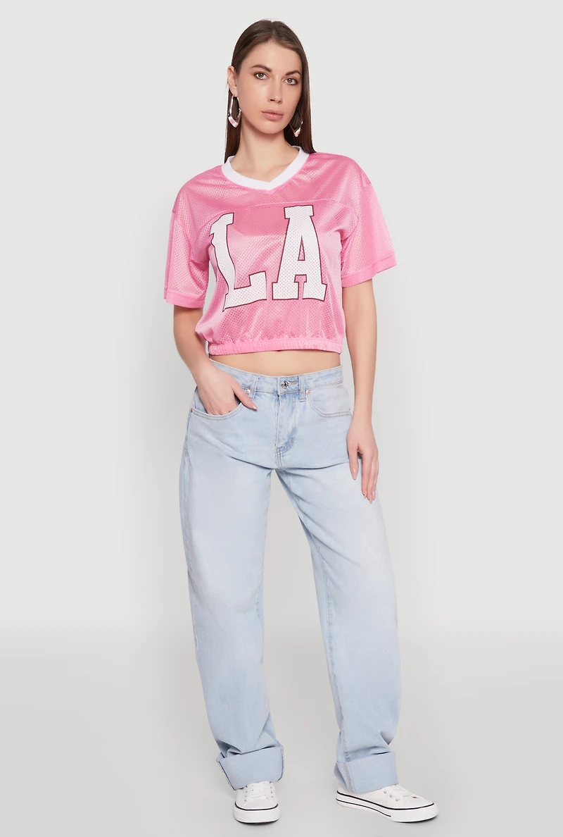 Womens Almost Famous Graphic Jersey Mesh Crop Top, Pink, Size L
