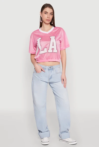 Womens Almost Famous Graphic Jersey Mesh Crop Top, Pink, Size L