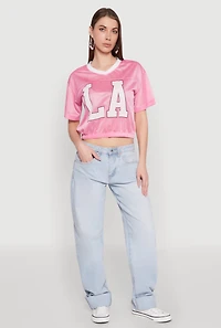 Womens Almost Famous Graphic Jersey Mesh Crop Top, Pink, Size L