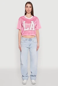 Womens Almost Famous Graphic Jersey Mesh Crop Top, Pink, Size L