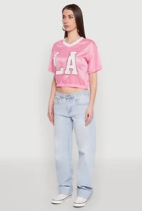 Womens Almost Famous Graphic Jersey Mesh Crop Top, Pink, Size L