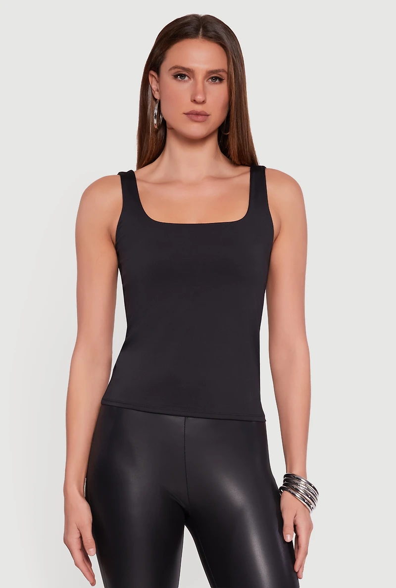 Womens Solid Square Neck Tank Top, Black, Size L