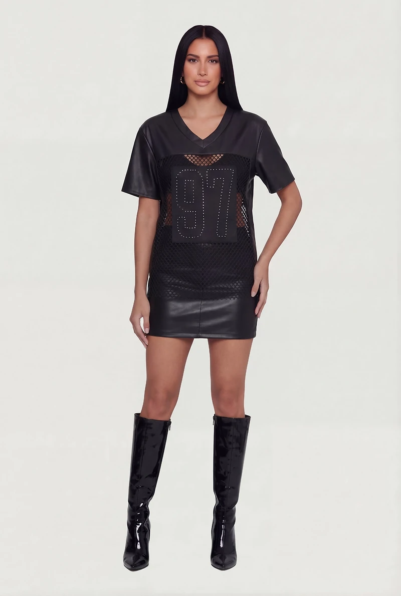 Faux Leather Fishnet Insert Studded 97 Graphic Top