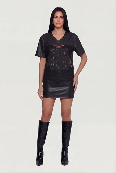 Faux Leather Fishnet Insert Studded 97 Graphic Top
