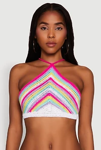 Womens Trendy Crochet Chevron Cropped Halter Top, Multi,