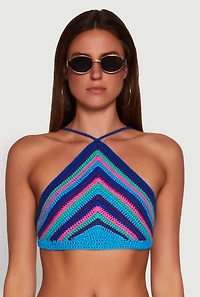 Womens Trendy Crochet Chevron Cropped Halter Top, Multi, Size M