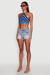 Womens Trendy Crochet Chevron Cropped Halter Top, Multi, Size M