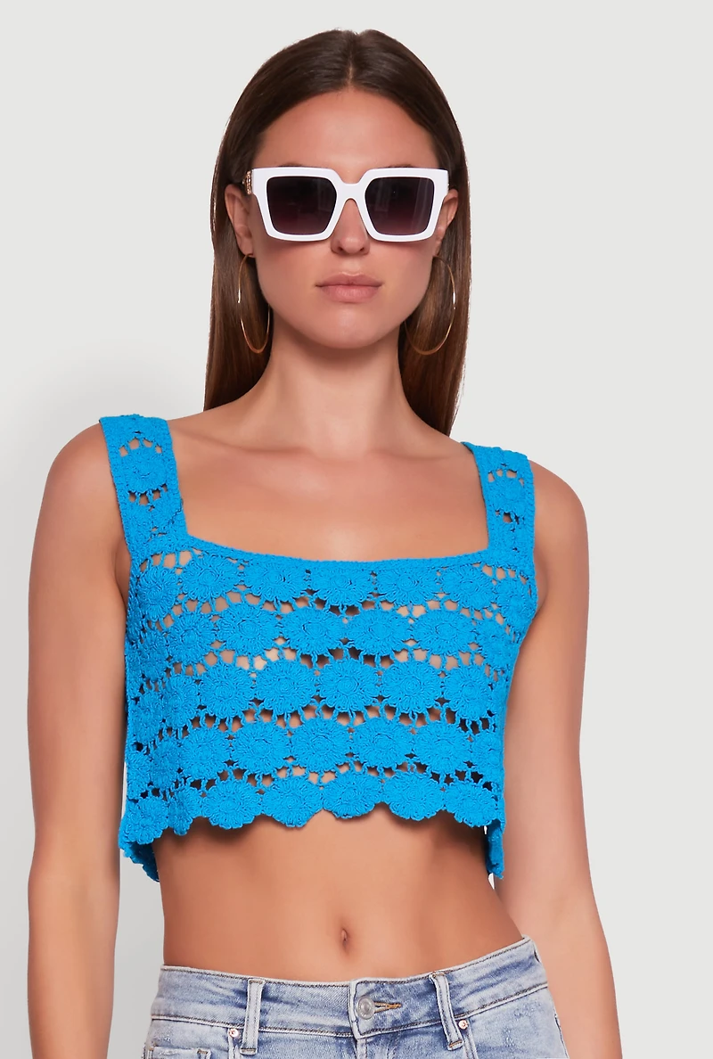Womens Boho Crochet Sleeveless Crop Top, Blue,