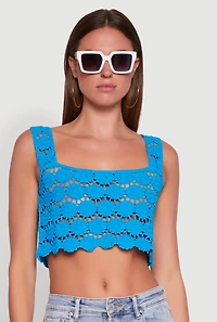 Womens Boho Crochet Sleeveless Crop Top, Blue,