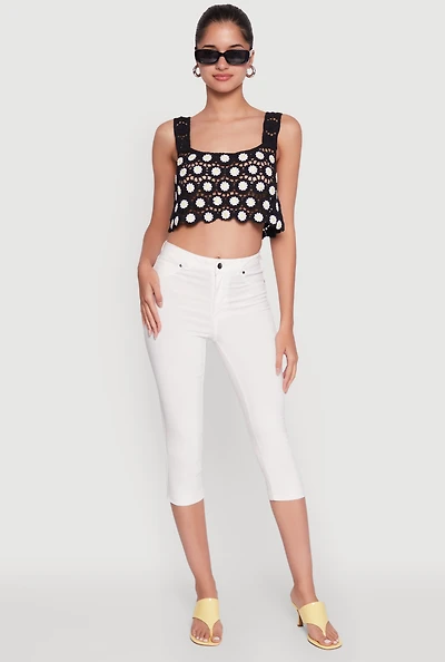 Womens Crochet Daisy Print Sleeveless Crop Top, Black, Size L