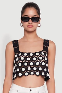 Womens Crochet Daisy Print Sleeveless Crop Top, Black, Size L