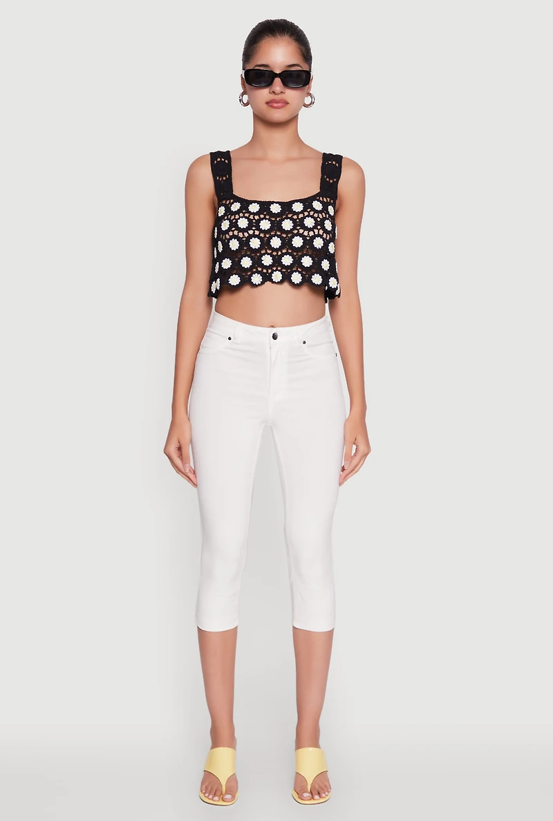 Womens Crochet Daisy Print Sleeveless Crop Top, Black, Size L