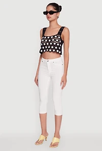 Womens Crochet Daisy Print Sleeveless Crop Top, Black, Size S
