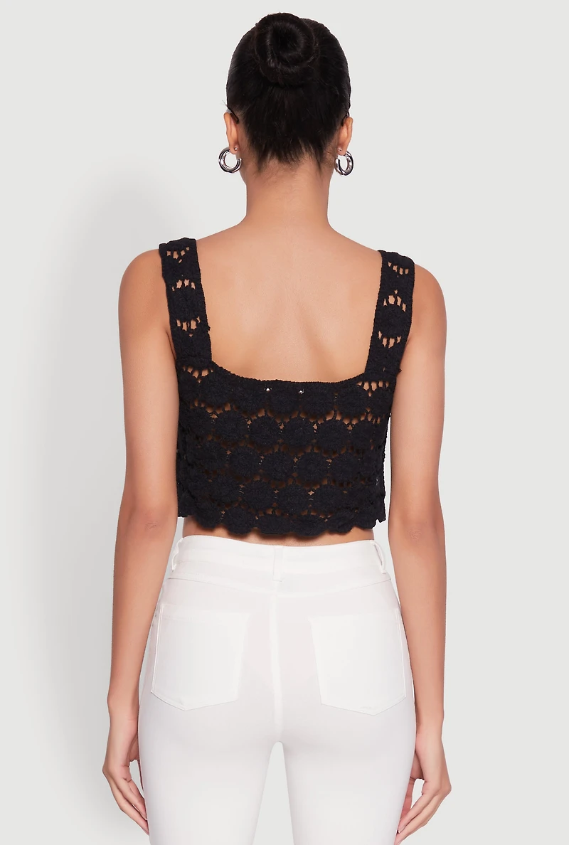 Womens Crochet Daisy Print Sleeveless Crop Top, Black, Size S
