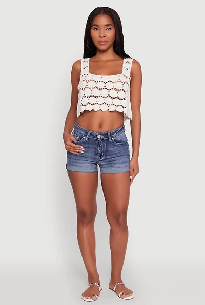 Womens Crochet Daisy Print Sleeveless Crop Top, White, Size L