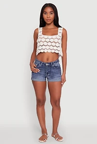 Womens Crochet Daisy Print Sleeveless Crop Top, White, Size L