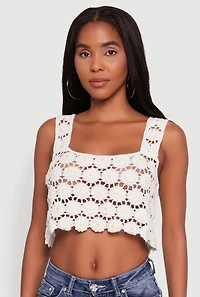 Womens Crochet Daisy Print Sleeveless Crop Top, White, Size L