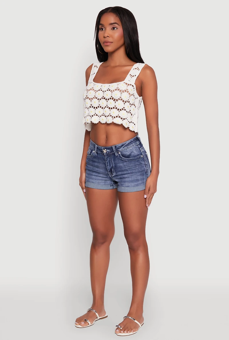 Womens Crochet Daisy Print Sleeveless Crop Top, White, Size L