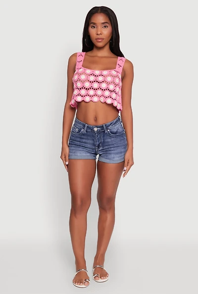 Womens Crochet Daisy Print Sleeveless Crop Top, S