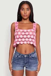 Womens Crochet Daisy Print Sleeveless Crop Top, S