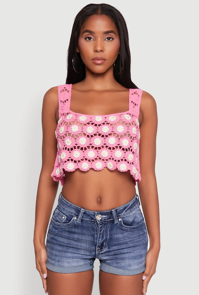Womens Crochet Daisy Print Sleeveless Crop Top, Pink, Size M