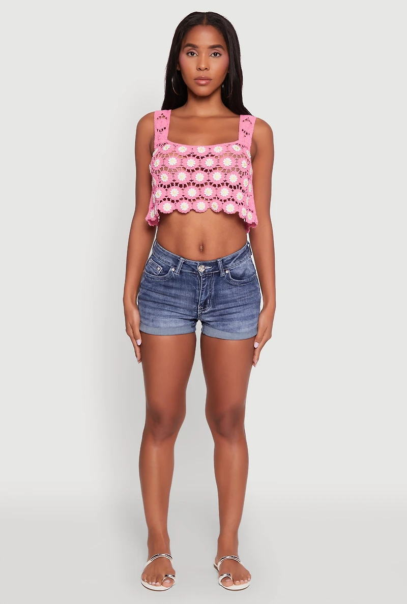 Womens Crochet Daisy Print Sleeveless Crop Top, Pink, Size M