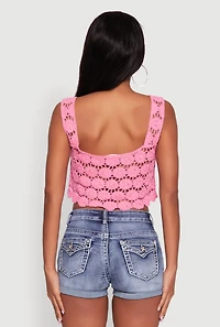 Womens Crochet Daisy Print Sleeveless Crop Top, Pink, Size M
