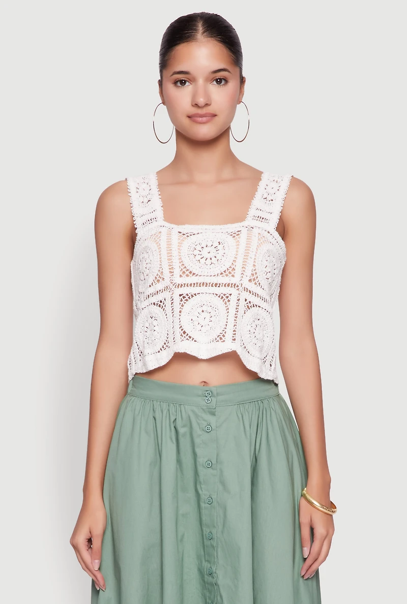 Womens Chic Crochet Cropped Tank Top, White, Size L