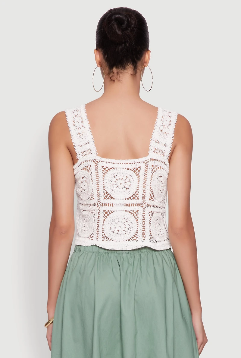 Womens Chic Crochet Cropped Tank Top, White, Size S