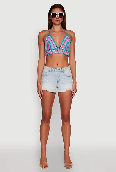 Womens Trendy Crochet Cropped Halter Top, Multi,