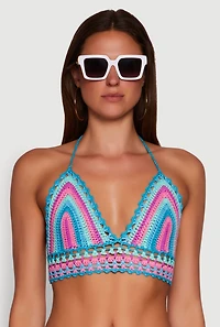 Womens Trendy Crochet Cropped Halter Top, Multi, Size S