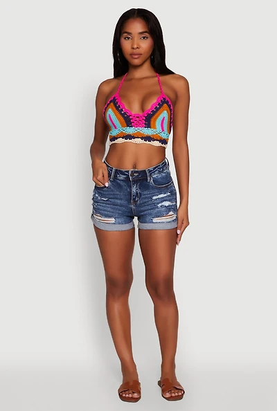 Womens Trendy Crochet Patterned Cropped Halter Top, Multi,