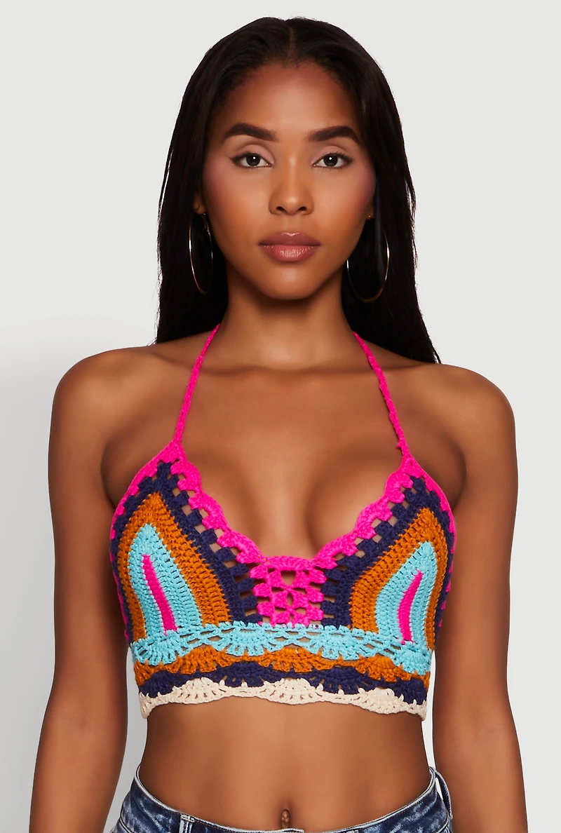 Womens Trendy Crochet Patterned Cropped Halter Top, Multi,
