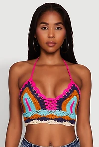Womens Trendy Crochet Patterned Cropped Halter Top, Multi,
