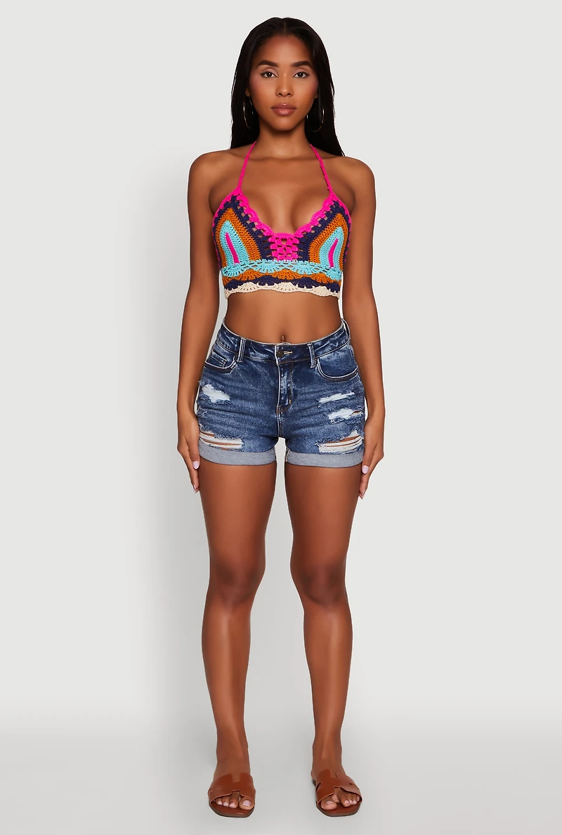 Womens Trendy Crochet Patterned Cropped Halter Top, Multi, Size L