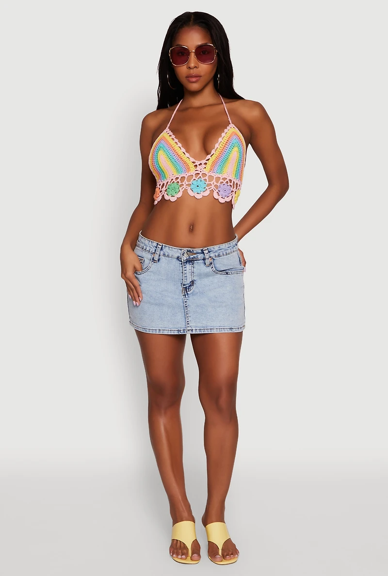 Trendy Crochet Floral Detail Cropped Halter Top