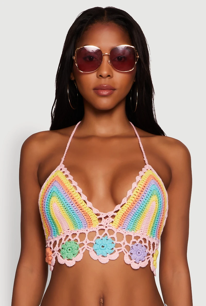 Womens Trendy Crochet Floral Detail Cropped Halter Top, Multi, Size S