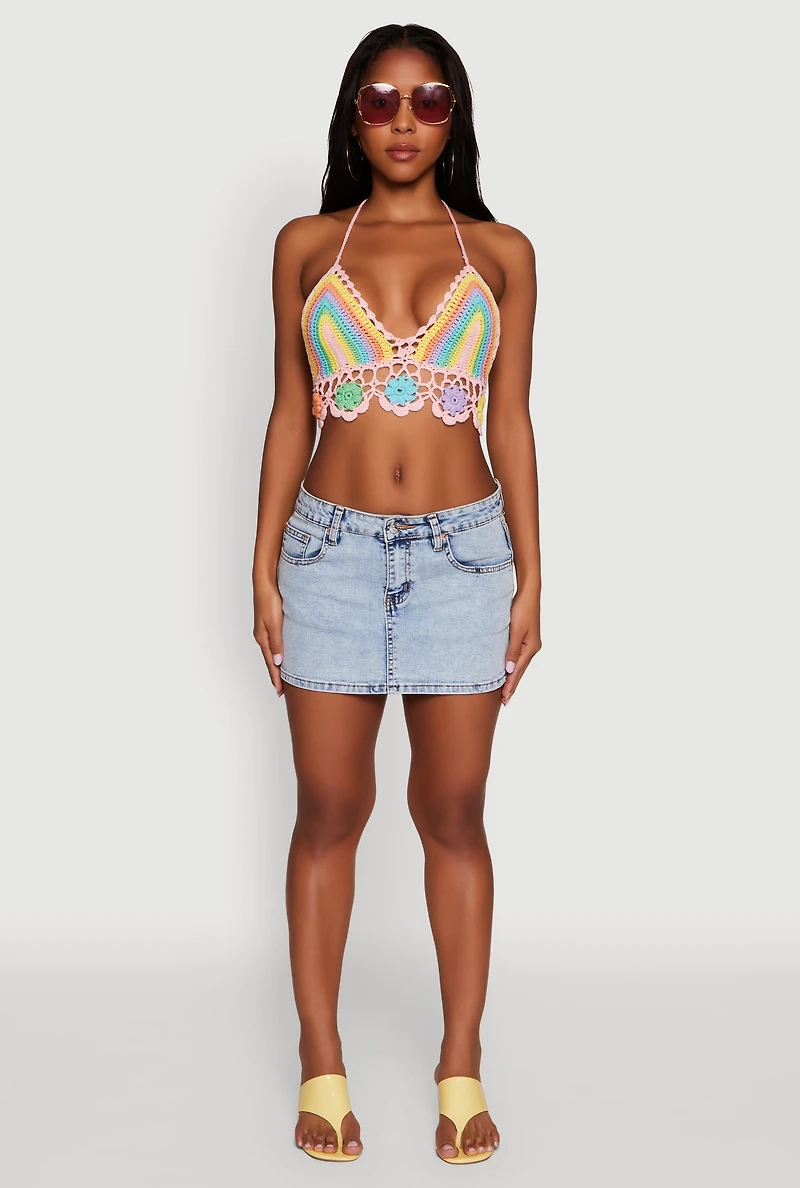 Womens Trendy Crochet Floral Detail Cropped Halter Top, Multi, Size S