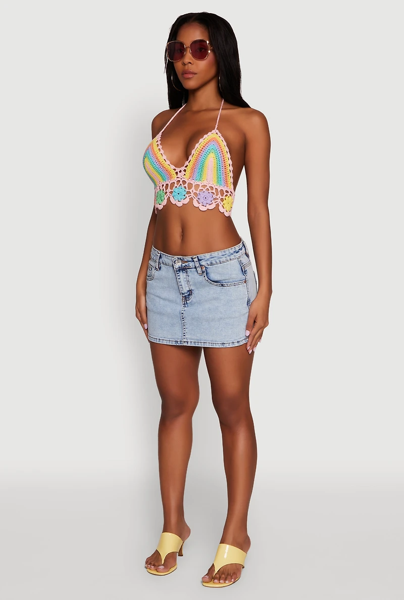 Womens Trendy Crochet Floral Detail Cropped Halter Top, Multi, Size S